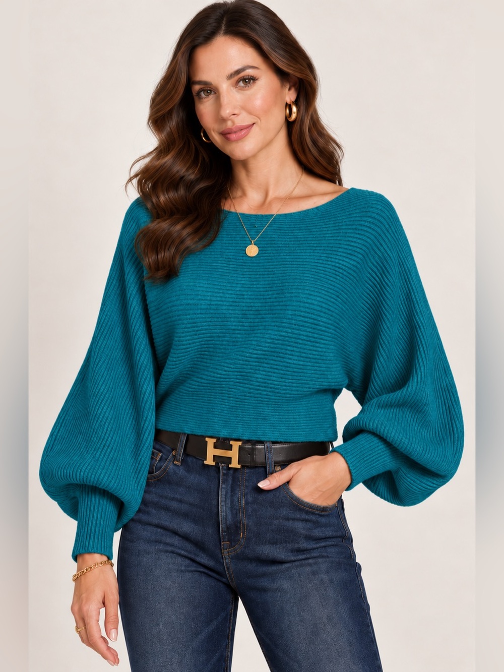Ocean Teal Ribbed Boat Neck Balloon-Sleeve Sweater